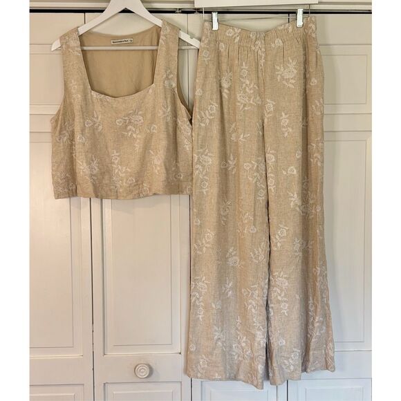 Abercrombie tan embroidered linen tank pant set medium/ large - Picture 4 of 15